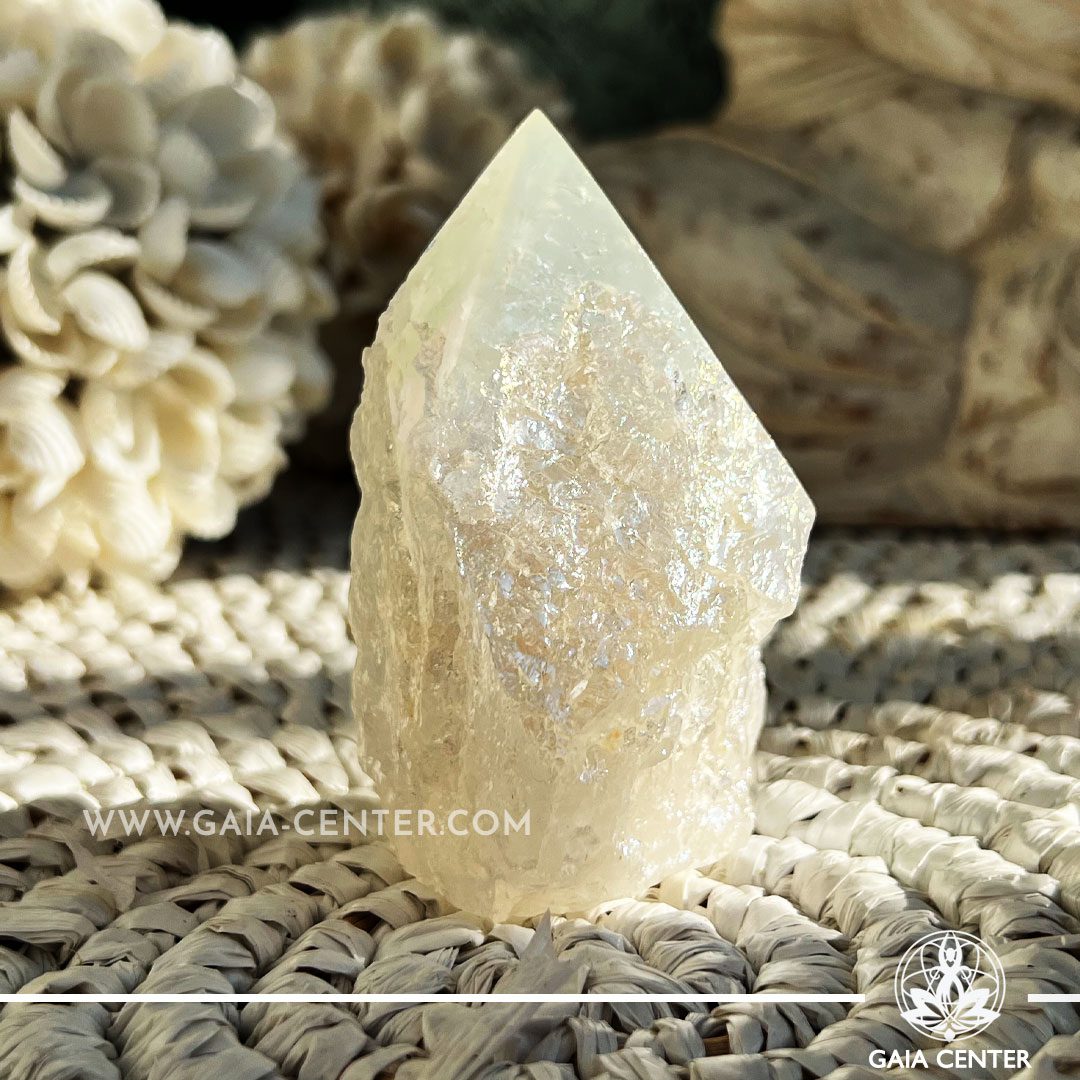 Snow Aura Crystal Quartz Cut Base Polished Point from Brazil. Crystal points, towers and obelisks selection at Gaia Center in Cyprus. Order online, Cyprus islandwide delivery: Limassol, Larnaca, Paphos, Nicosia. Europe and Worldwide shipping.
