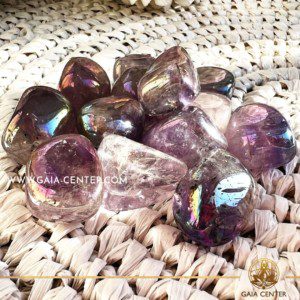 Amethyst Aura Crystal Quartz polished tumbled stones. Crystal tumbled stones and rough minerals at Gaia Center crystal shop in Cyprus. Order online top quality crystals, Cyprus islandwide delivery: Limassol, Larnaca, Paphos, Nicosia. Europe and Worldwide shipping.
