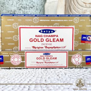 Aroma Incense Sticks Gold Gleam Nag Champa fragrance by Satya brand. 15grams incense pack. Selection of natural incense sticks at GAIA CENTER | Crystals and Incense aroma shop in Cyprus. Order incense sticks and aroma burners online, Cyprus islandwide delivery: Nicosia, Paphos, Limassol, Larnaca