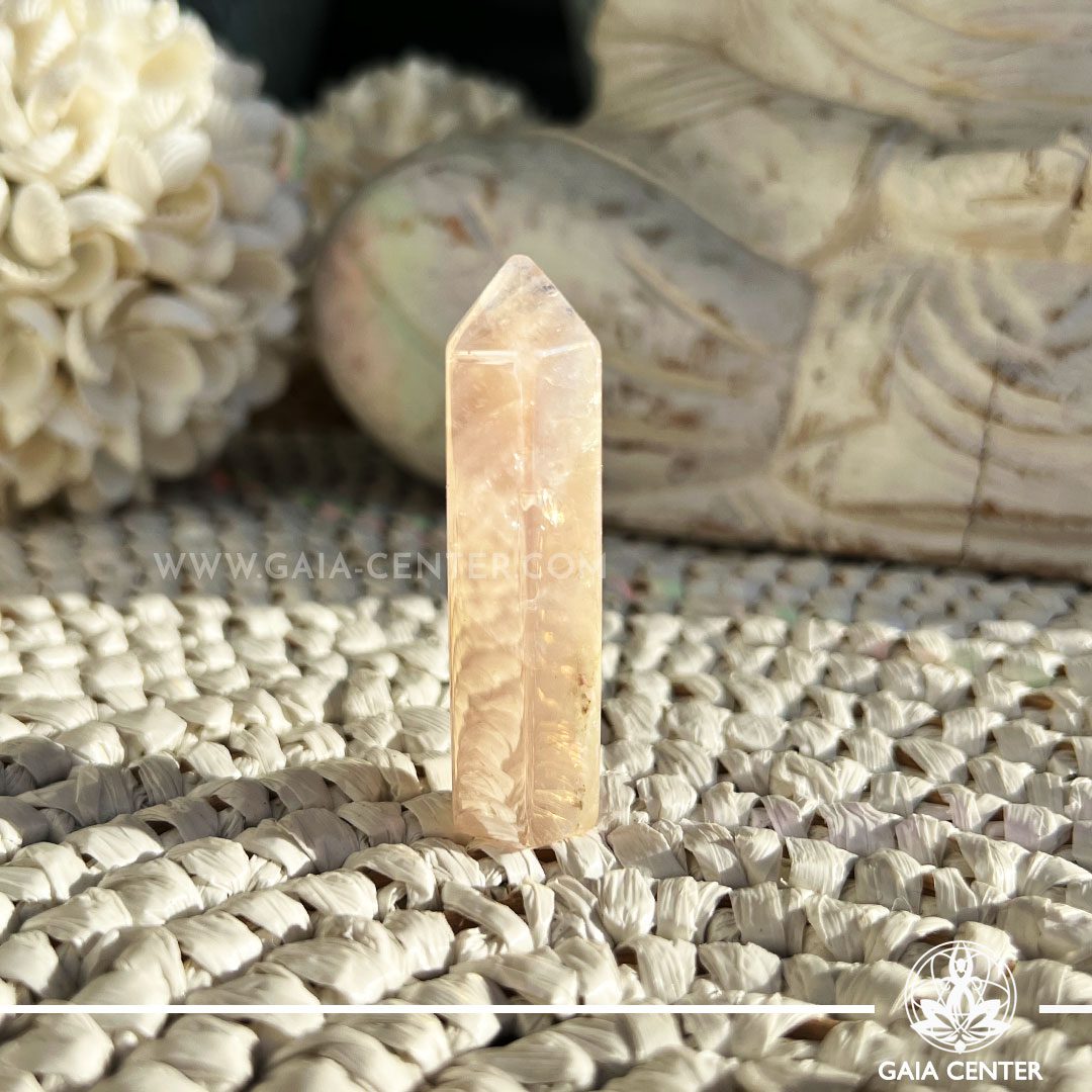 Rose Aura Quartz Crystal Obelisk polished point tower. Crystal points, towers and obelisks selection at Gaia Center in Cyprus. Order online, Cyprus islandwide delivery: Limassol, Larnaca, Paphos, Nicosia. Europe and Worldwide shipping.