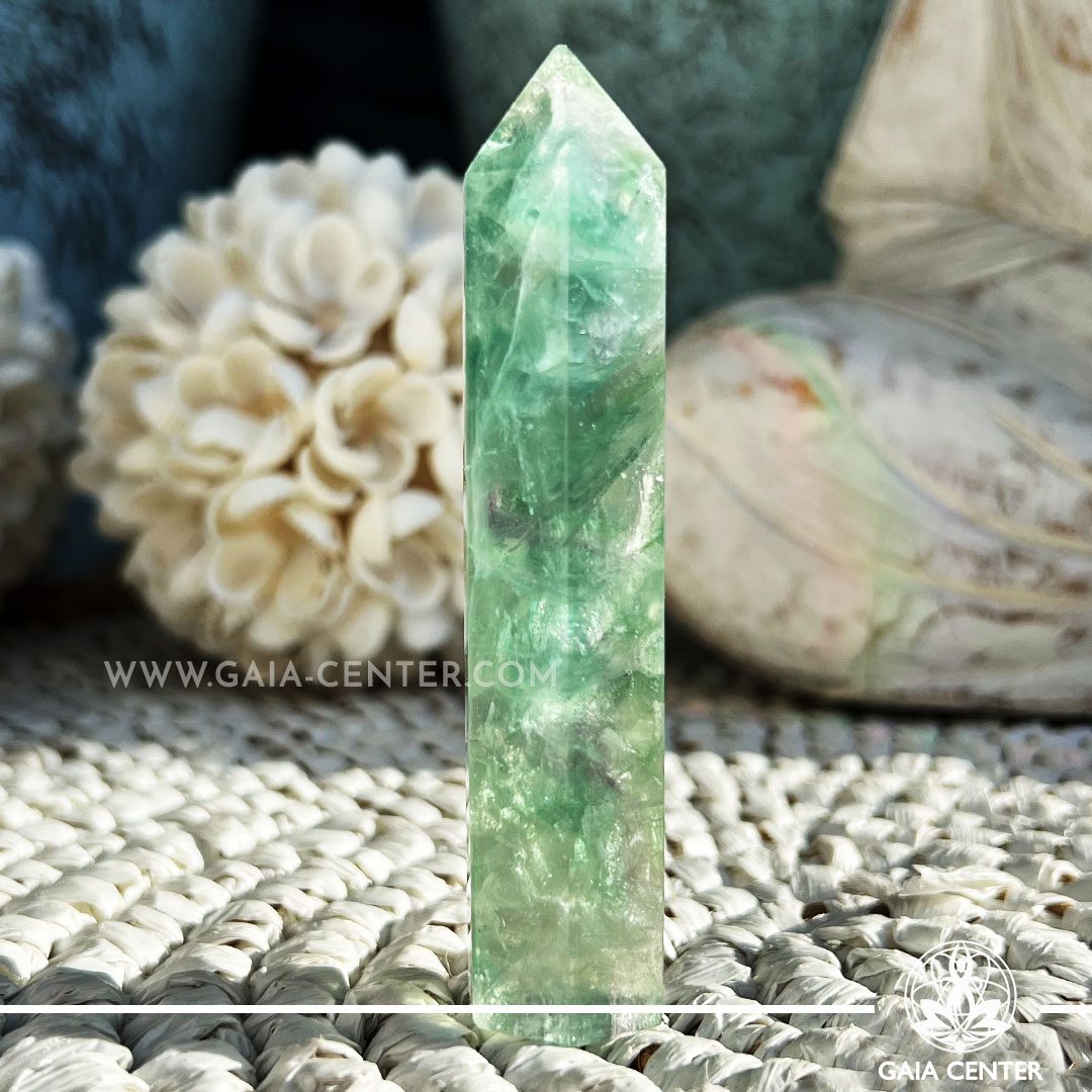 Rainbow Fluorite Crystal Obelisk. Crystal points, towers and obelisks selection at Gaia Center in Cyprus. Order online, Cyprus islandwide delivery: Limassol, Larnaca, Paphos, Nicosia. Europe and Worldwide shipping.