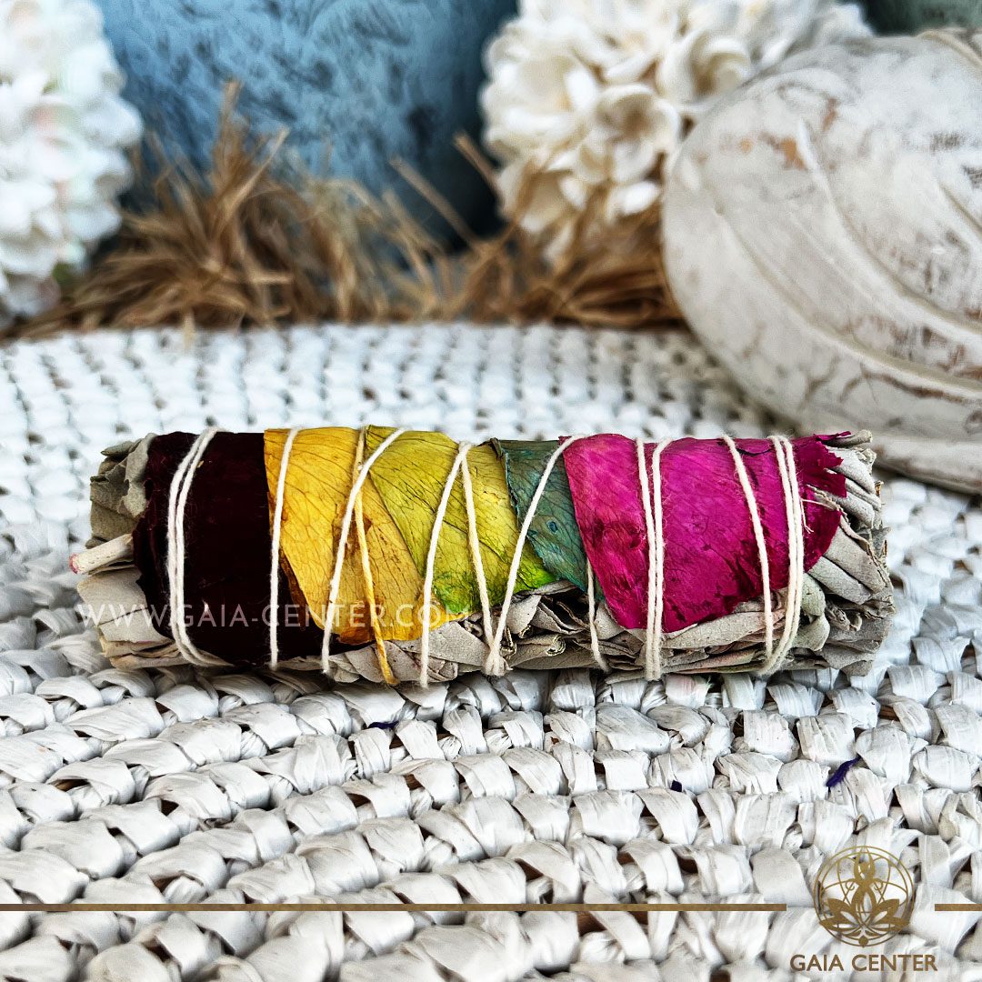 Californian White Sage and Rose flower - 7 Chakra smudge stick bundles for smudging ceremonies and space clearing at Gaia Center | Crystals and Incense shop in Cyprus. Order online, Cyprus islandwide delivery: Limassol, Paphos, Larnaca, Nicosia. Europe and worldwide shipping.