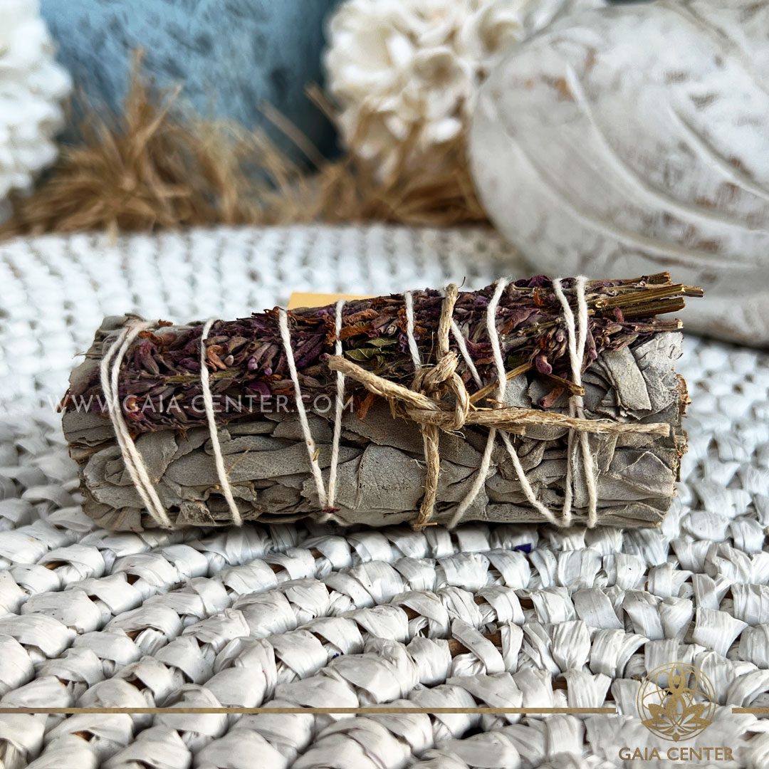Californian White Sage and Lavender herb smudge stick bundles for smudging ceremonies and space clearing at Gaia Center | Crystals and Incense shop in Cyprus. Order online, Cyprus islandwide delivery: Limassol, Paphos, Larnaca, Nicosia. Europe and worldwide shipping.