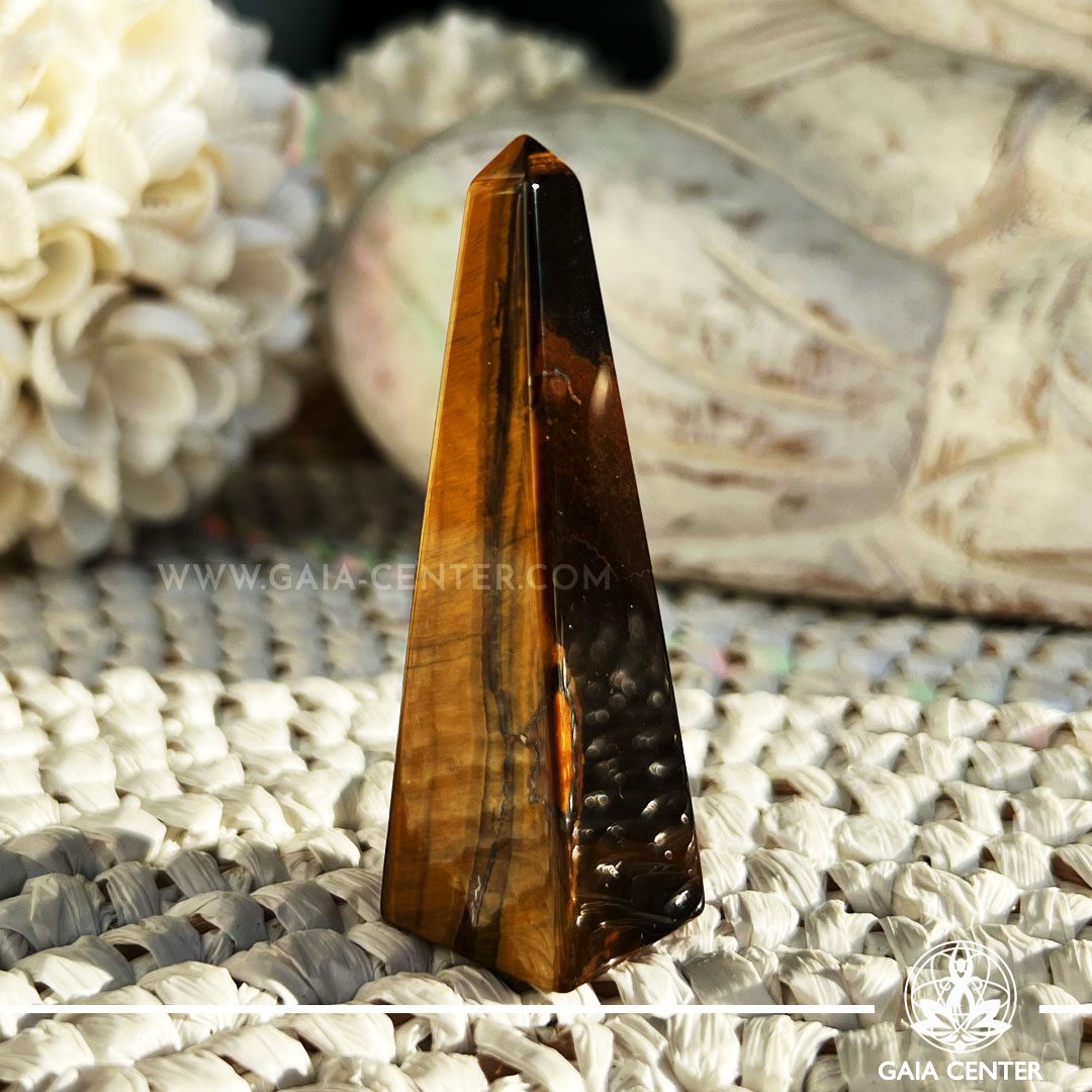 Tigers Eye Crystal Obelisk polished point tower. Crystal points, towers and obelisks selection at Gaia Center in Cyprus. Order online, Cyprus islandwide delivery: Limassol, Larnaca, Paphos, Nicosia. Europe and Worldwide shipping.