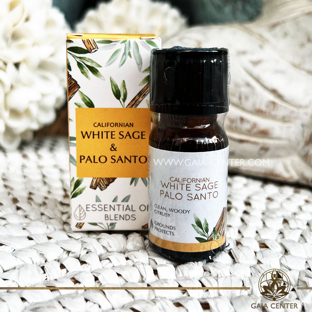 Pure Essential Oil Blend White Sage and Palo Santo 10ml. 100% natural and therapeutic grade. For Aroma diffusers and oil burners. Gaia Center Shop in Cyprus. Order essentail aroma oils online: Cyprus islandwide delivery: Limassol, Nicosia, Paphos, Larnaca. Europe and worldwide shipping.