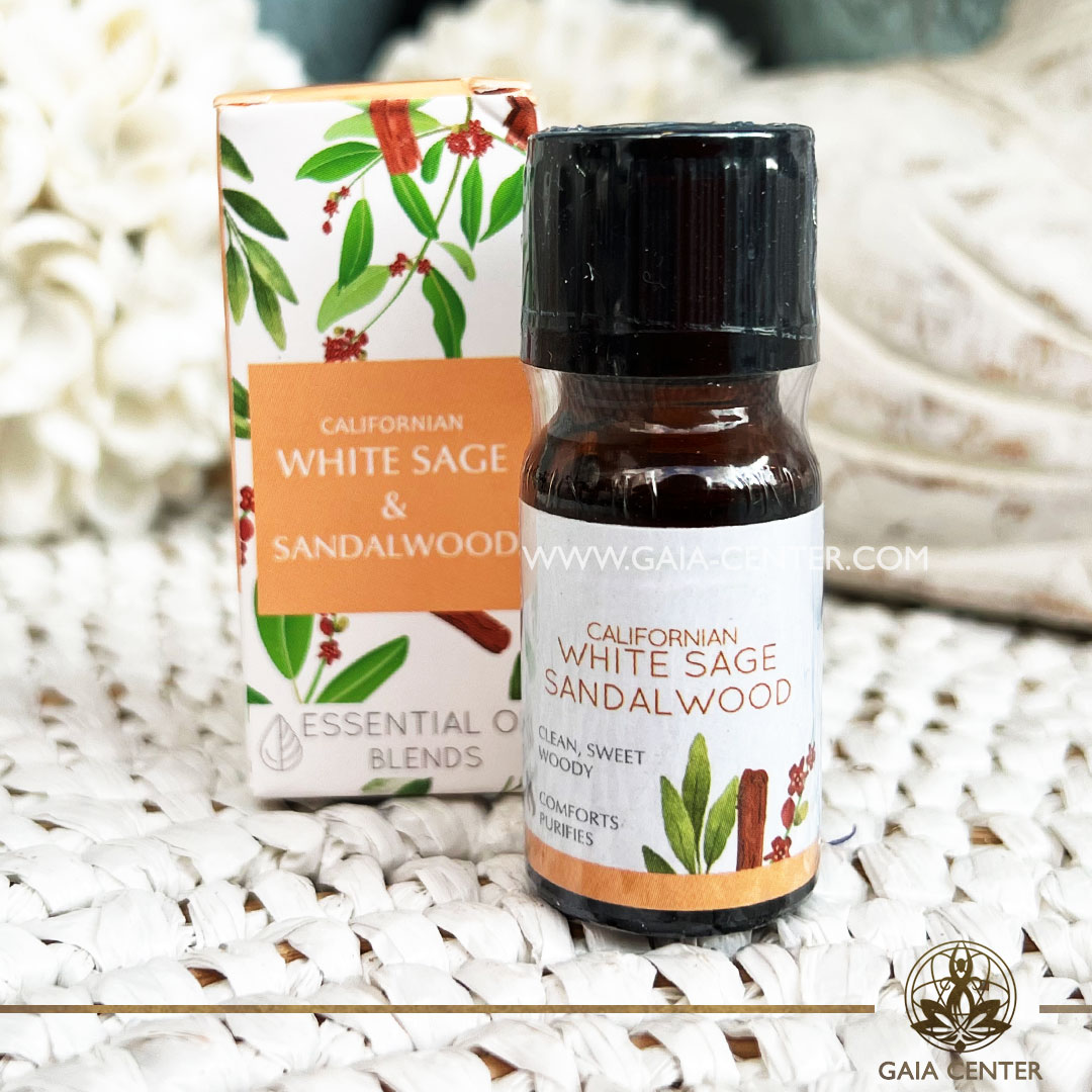Pure Essential Oil Blend White Sage and Sandalwood 10ml. 100% natural and therapeutic grade. For Aroma diffusers and oil burners. Gaia Center Shop in Cyprus. Order essentail aroma oils online: Cyprus islandwide delivery: Limassol, Nicosia, Paphos, Larnaca. Europe and worldwide shipping.