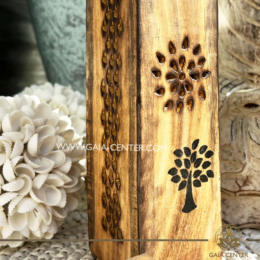 Tower Incense Holder or Ash Catcher - natural color wooden box. Holds four aroma incense sticks and one incense pyramids or cone. Made from wood with artistic design: Tree of life gold color symbol prints. Incense burners selection at Gaia Center | Cyprus. Order online, Cyprus islandwide delivery: Limassol, Larnaca, Nicosia, Paphos. Europe and worldwide shipping.