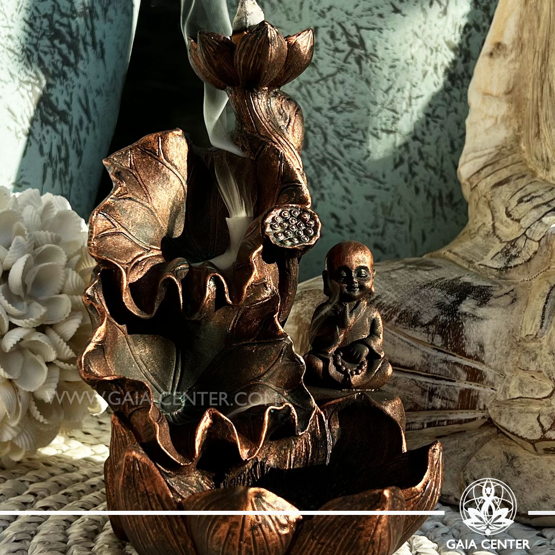 Backflow Incense Burner - Buddha on a lotus flower bronze color incense fountain Backflow incense burners an Backflow dhoop cones selection at Gaia Center | Incense Aroma & Crystal shop in Cyprus. Order online, Cyprus islandwide delivery: Limassol, Larnaca, Nicosia, Paphos. Europe and worldwide shipping.