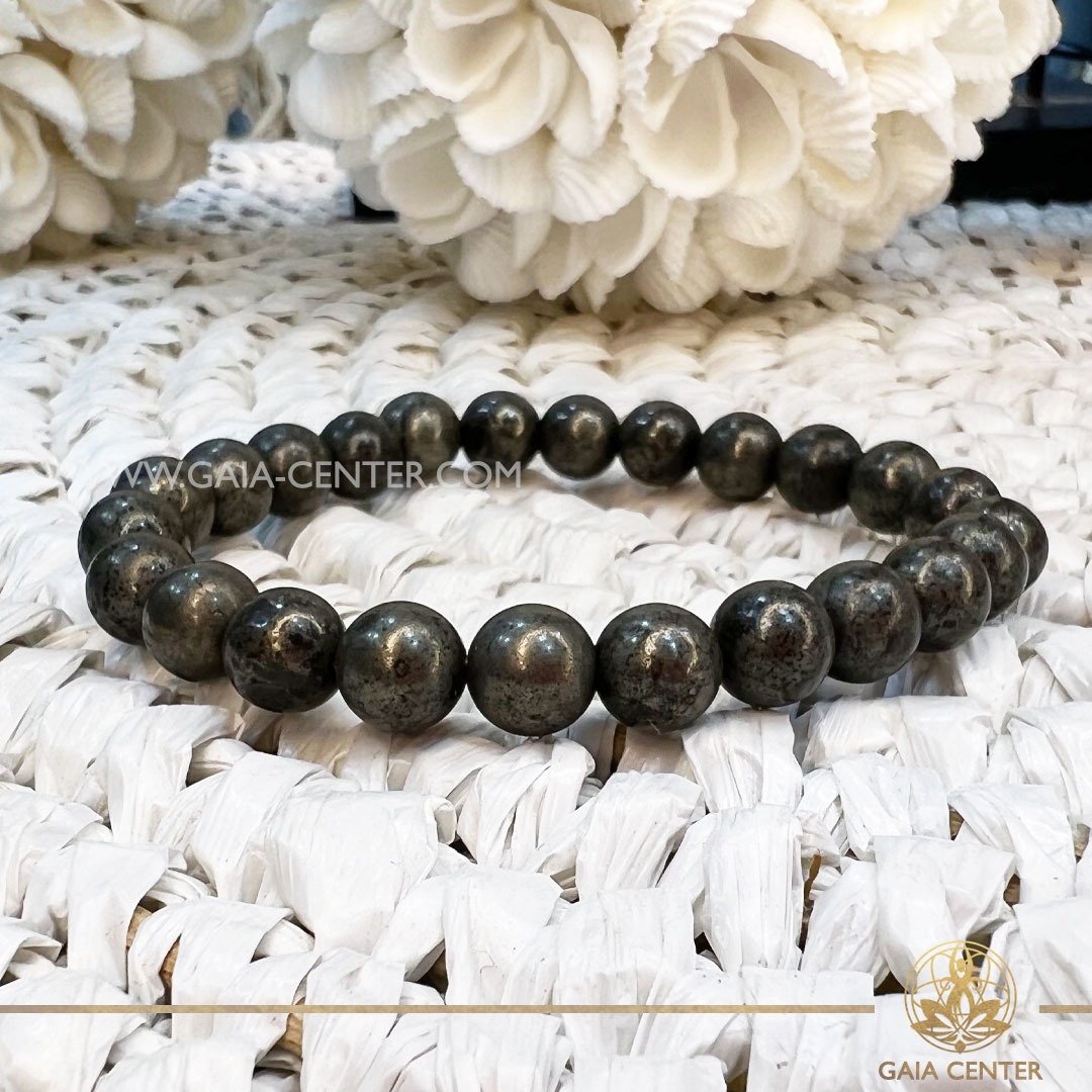 Crystal Bracelet Pyrite with Elastic string- made with 8mm gemstone beads. Crystal and Gemstone Jewellery Selection at Gaia Center in Cyprus. Order crystals online, Cyprus islandwide delivery: Limassol, Larnaca, Paphos, Nicosia. Europe and Worldwide shipping.