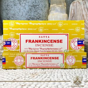 Aroma Incense Sticks Frankincense fragrance by Satya brand. 15grams incense pack. Frankincense holds significant spiritual and cultural importance across various traditions and religions. By burning Satya's Frankincense Incense Sticks, you can partake in ancient rituals or simply create a sacred atmosphere for meditation, prayer, or relaxation. Selection of natural incense sticks at GAIA CENTER | Crystals and Incense aroma shop in Cyprus. Order incense sticks and aroma burners online, Cyprus islandwide delivery: Nicosia, Paphos, Limassol, Larnaca