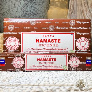 Aroma Incense Sticks Namaste fragrance by Satya brand. 15grams incense pack. Selection of natural incense sticks at GAIA CENTER | Crystals and Incense aroma shop in Cyprus. Order incense sticks and aroma burners online, Cyprus islandwide delivery: Nicosia, Paphos, Limassol, Larnaca