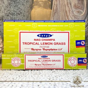 Aroma Incense Sticks Tropical Lemongrass Nag Champa fragrance by Satya brand. 15grams incense pack. Selection of natural incense sticks at GAIA CENTER | Crystals and Incense aroma shop in Cyprus. Order incense sticks and aroma burners online, Cyprus islandwide delivery: Nicosia, Paphos, Limassol, Larnaca