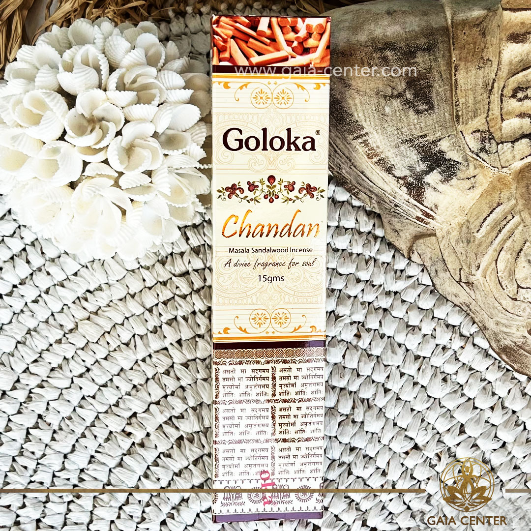 Incense Natural Aroma Incense Sticks Goloka Chandan. 15g incense sticks in a pack. Order incense sticks, cones, aroma incense holders and burners online at Gaia Center | Aroma Incense Crystal Shop in Cyprus. Cyprus islandwide delivery: Limassol, Nicosia, Larnaca, Paphos. Europe & Worldwide delivery.