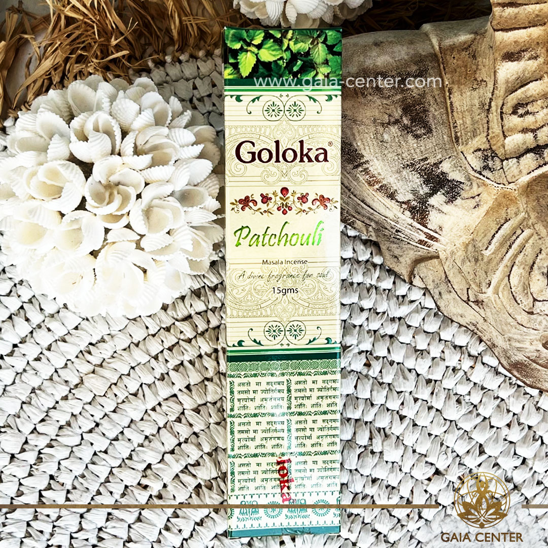 Incense Natural Aroma Incense Sticks Goloka Patchouli. 15g incense sticks in a pack. Order incense sticks, cones, aroma incense holders and burners online at Gaia Center | Aroma Incense Crystal Shop in Cyprus. Cyprus islandwide delivery: Limassol, Nicosia, Larnaca, Paphos. Europe & Worldwide delivery.