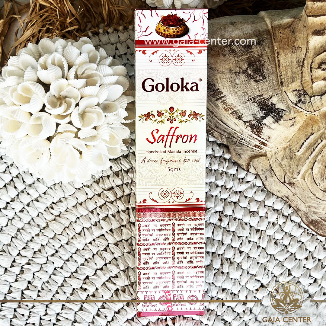 Incense Natural Aroma Incense Sticks Goloka Saffron. 15g incense sticks in a pack. Order incense sticks, cones, aroma incense holders and burners online at Gaia Center | Aroma Incense Crystal Shop in Cyprus. Cyprus islandwide delivery: Limassol, Nicosia, Larnaca, Paphos. Europe & Worldwide delivery.