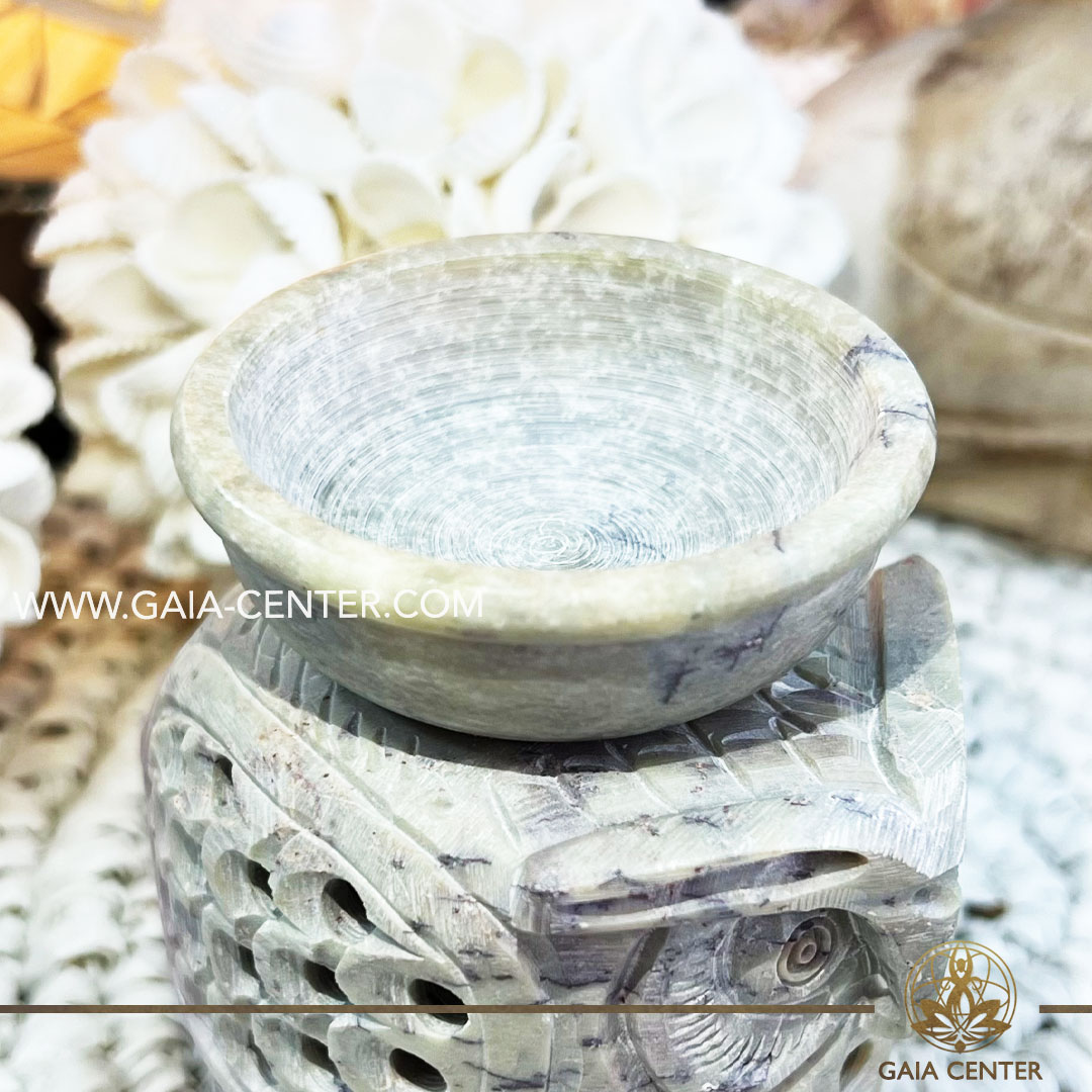 Essential Oil Burner or Wax Melt Burner - Owl Soapstone Natural Brown & White colors style. Aroma diffusers and oil burners selection ​at Gaia Center Crystals Incense shop in Cyprus. Order online: Cyprus islandwide delivery: Limassol, Paphos, Nicosia, Larnaca