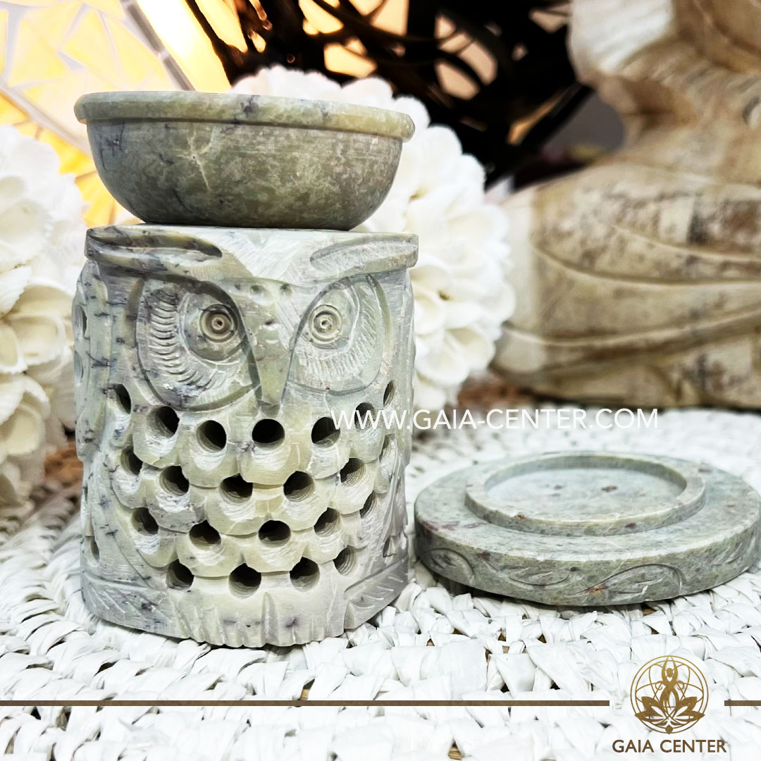 Essential Oil Burner or Wax Melt Burner - Owl Soapstone Natural Brown & White colors style. Aroma diffusers and oil burners selection ​at Gaia Center Crystals Incense shop in Cyprus. Order online: Cyprus islandwide delivery: Limassol, Paphos, Nicosia, Larnaca