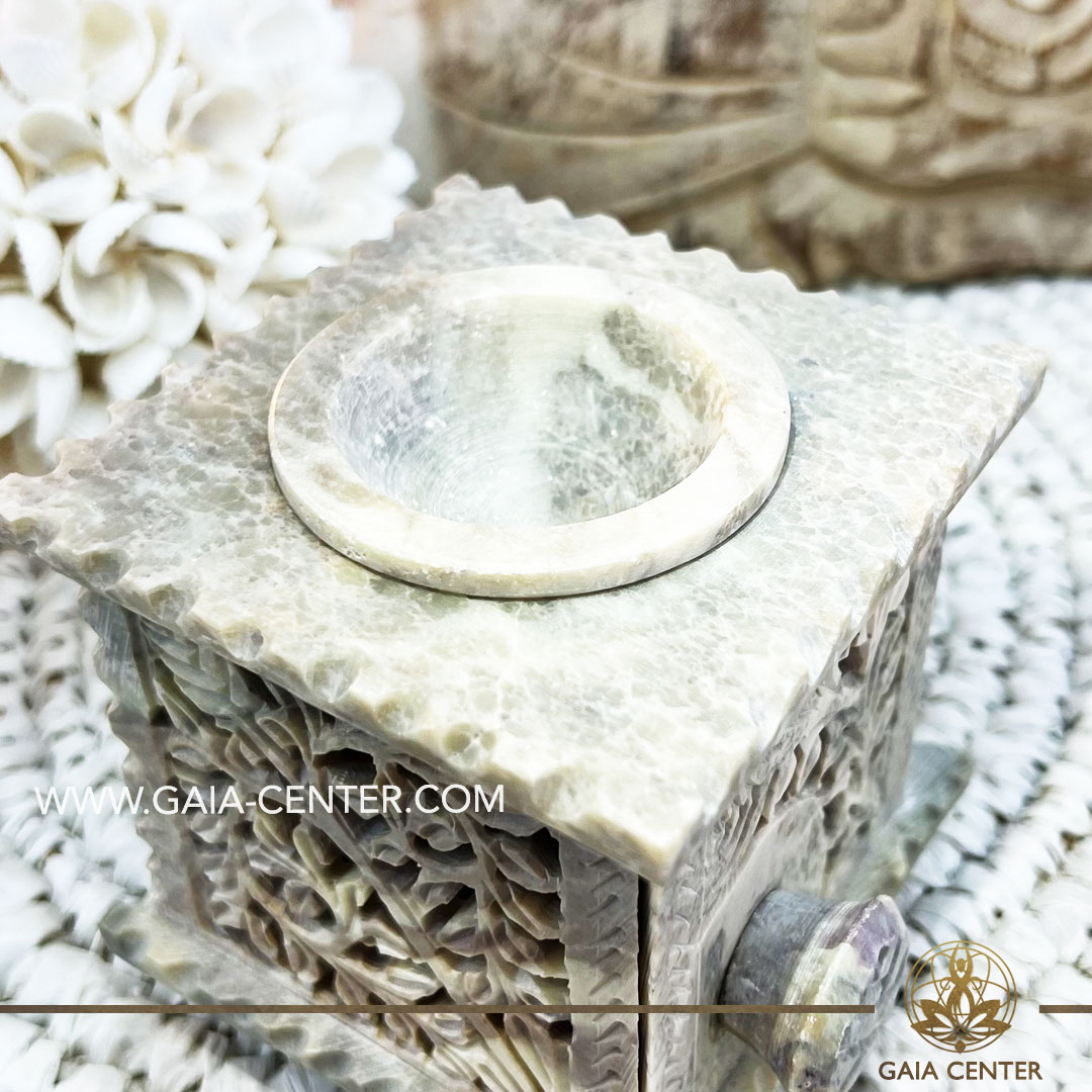 Essential Oil Burner or Wax Melt Burner - Rose Soapstone Natural Brown & White colors style. Aroma diffusers and oil burners selection ​at Gaia Center Crystals Incense shop in Cyprus. Order online: Cyprus islandwide delivery: Limassol, Paphos, Nicosia, Larnaca