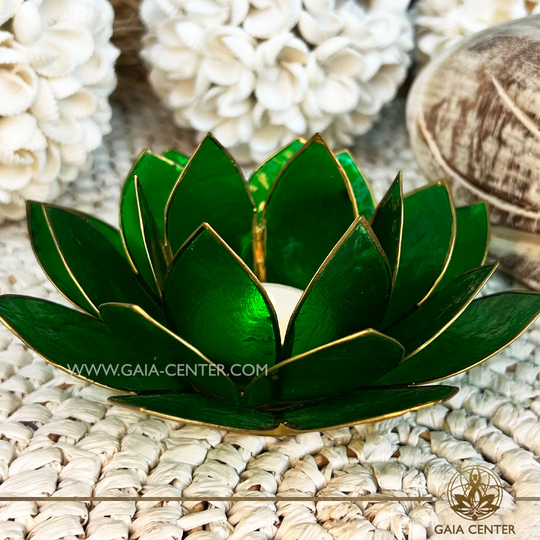 Natural Seashell Capiz Candle holder Tea-Light Lotus Flower Design. Green Color with gold color trim. Selection of home decor items at Gaia Center Crystal Incense Shop in Cyprus.
