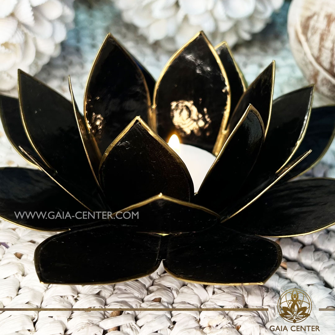 Natural Seashell Capiz Candle holder Tea-Light Lotus Flower Design. Black Color with gold color trim. Selection of home decor items at Gaia Center Crystal Incense Shop in Cyprus.