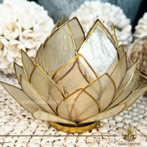 Natural Seashell Capiz Candle holder Tea-Light Lotus Flower Design. Natural White Color with gold color trim. Selection of home decor items at Gaia Center Crystal Incense Shop in Cyprus.