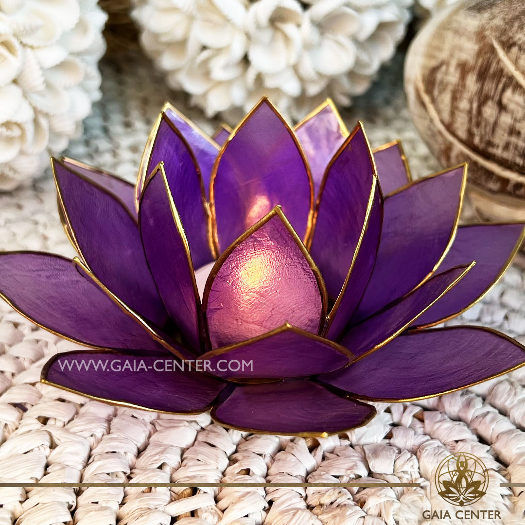 Natural Seashell Capiz Candle holder Tea-Light Lotus Flower Design. Lilac Color with gold color trim. Selection of home decor items at Gaia Center Crystal Incense Shop in Cyprus.