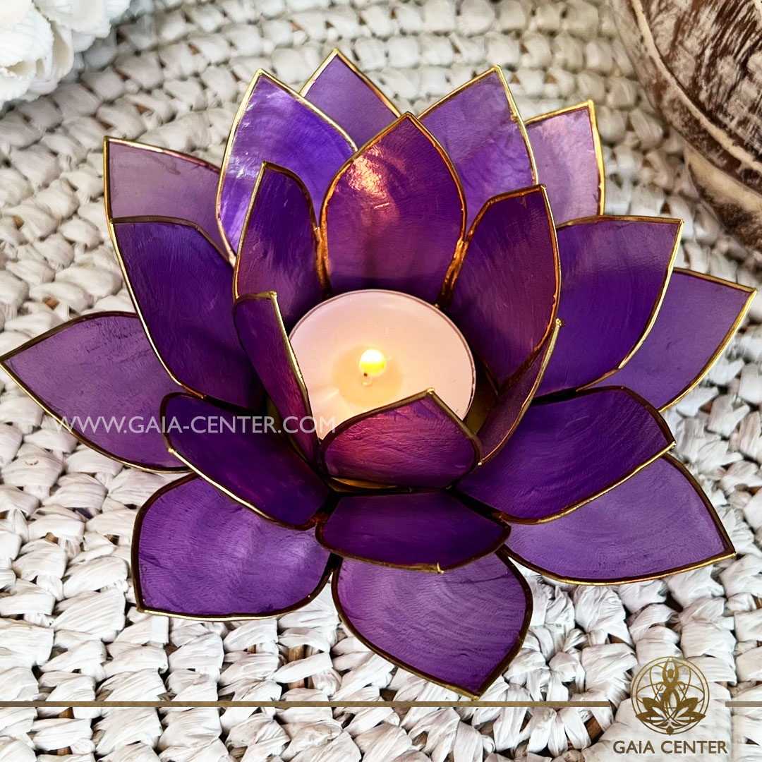 Natural Seashell Capiz Candle holder Tea-Light Lotus Flower Design. Lilac Color with gold color trim. Selection of home decor items at Gaia Center Crystal Incense Shop in Cyprus.