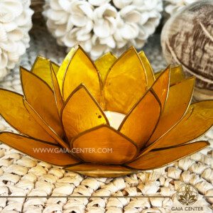 Natural Seashell Capiz Candle holder Tea-Light Lotus Flower Design. Yellow Color with gold color trim. Selection of home decor items at Gaia Center Crystal Incense Shop in Cyprus.