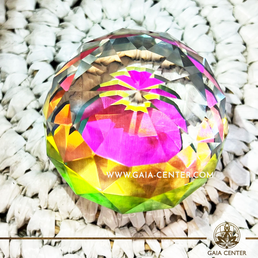 Faceted Crystal Ball - rainbow sun catcher standing. Crystal and Gemstone selection at GAIA CENTER Crystal Shop in Cyprus.