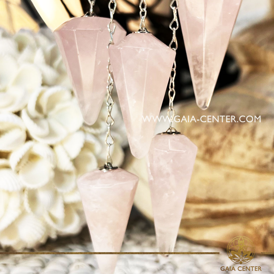 Pendulum for dowsing rose quartz faceted cone from brazil with metal chain at Gaia Center Crystal shop in Cyprus. Crystal and Gemstone Jewellery Selection at Gaia Center in Cyprus. Order online, Cyprus islandwide delivery: Limassol, Larnaca, Paphos, Nicosia. Europe and Worldwide shipping.