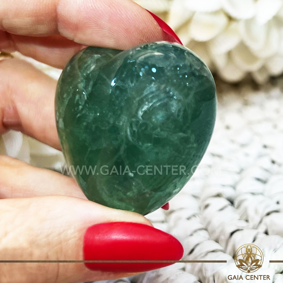 Crystal Puff Heart Green Fluorite. Crystals and Gemstone selection at Gaia Center Crystal Shop Cyprus. Shop online at https://gaia-center.com. Cyprus island delivery: Limassol, Nicosia, Paphos, Larnaca. Europe and Worldwide shipping.