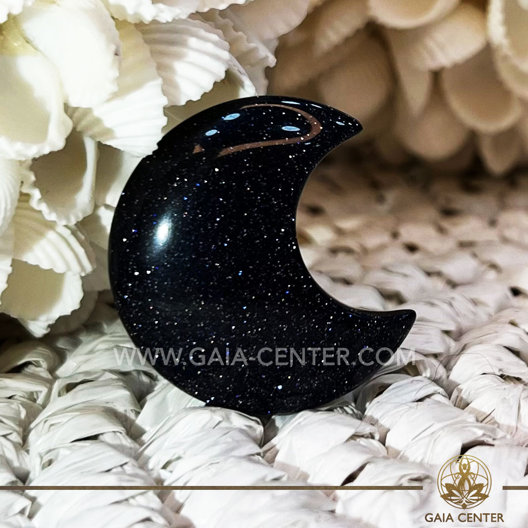 Crystal Moon Shape - Blue Goldstone. Crystals and Gemstone selection at Gaia Center Crystal Shop Cyprus. Shop online at https://gaia-center.com. Cyprus island delivery: Limassol, Nicosia, Paphos, Larnaca. Europe and Worldwide shipping.