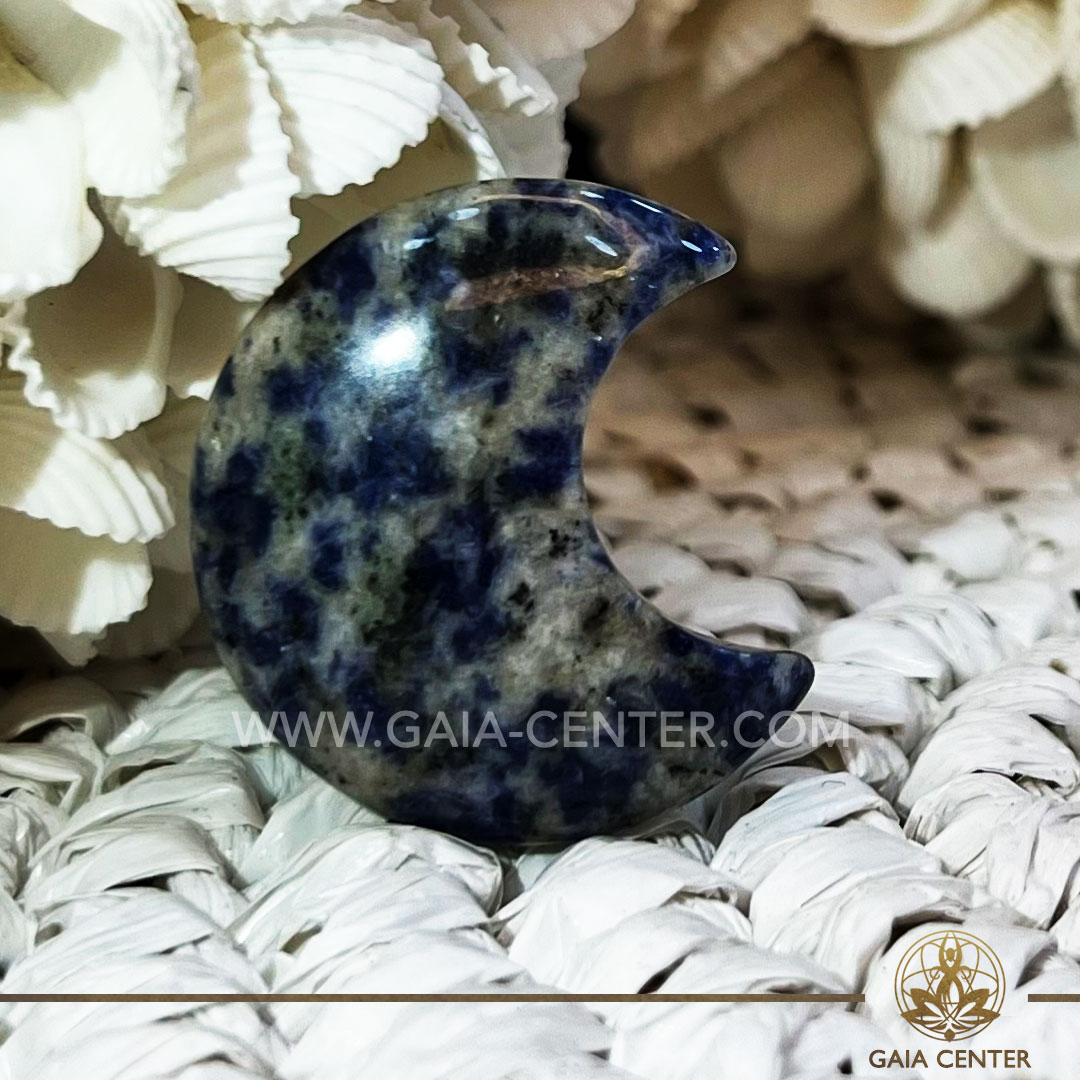 Crystal Moon Shape - Blue Sodalite. Crystals and Gemstone selection at Gaia Center Crystal Shop Cyprus. Shop online at https://gaia-center.com. Cyprus island delivery: Limassol, Nicosia, Paphos, Larnaca. Europe and Worldwide shipping.