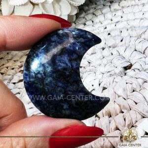 Crystal Moon Shape - Blue Sodalite. Crystals and Gemstone selection at Gaia Center Crystal Shop Cyprus. Shop online at https://gaia-center.com. Cyprus island delivery: Limassol, Nicosia, Paphos, Larnaca. Europe and Worldwide shipping.