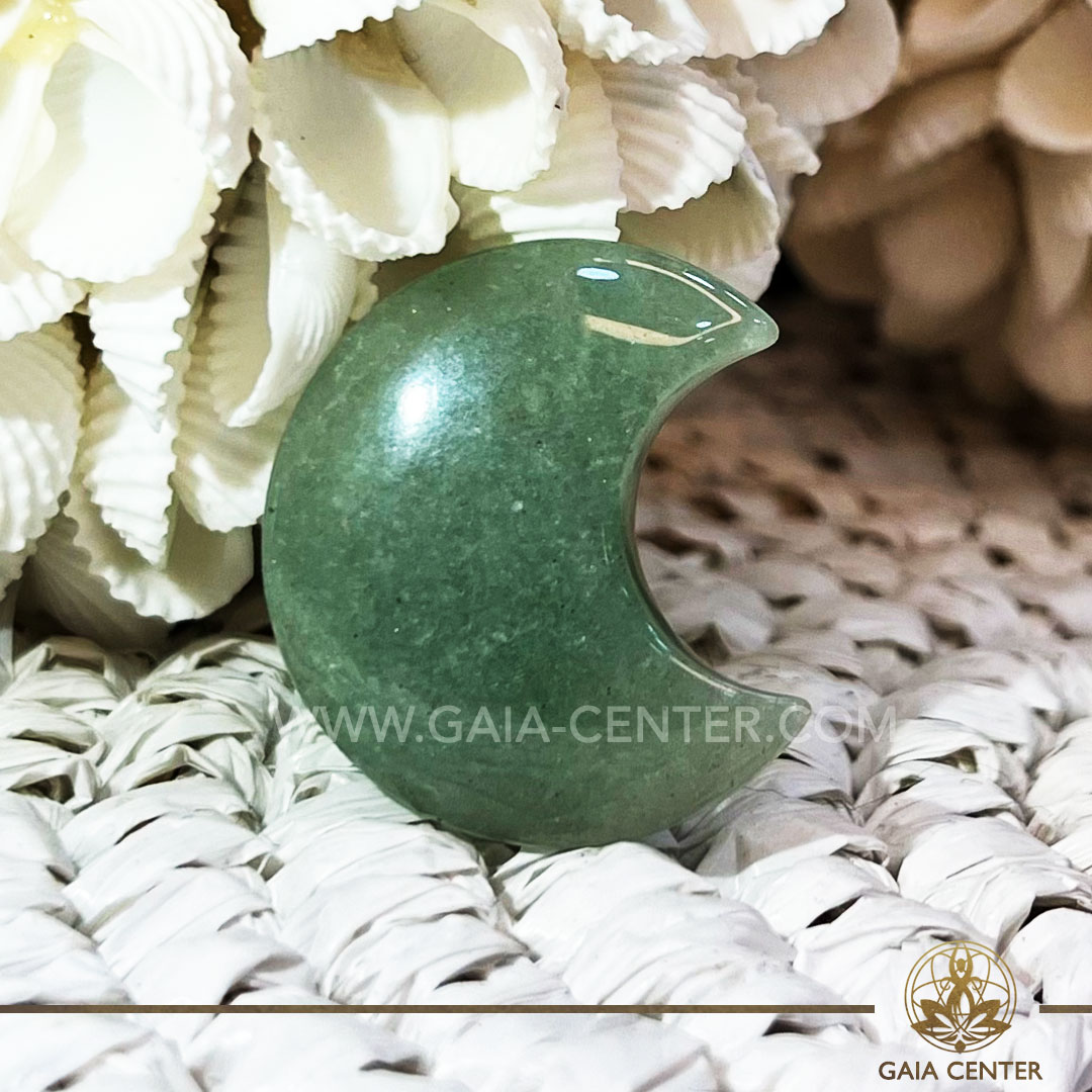 Crystal Moon Shape - Green Aventurine. Crystals and Gemstone selection at Gaia Center Crystal Shop Cyprus. Shop online at https://gaia-center.com. Cyprus island delivery: Limassol, Nicosia, Paphos, Larnaca. Europe and Worldwide shipping.