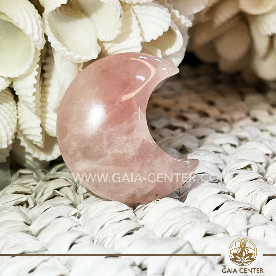 Crystal Moon Shape - Pink Rose Crystal Quartz. Crystals and Gemstone selection at Gaia Center Crystal Shop Cyprus. Shop online at https://gaia-center.com. Cyprus island delivery: Limassol, Nicosia, Paphos, Larnaca. Europe and Worldwide shipping.