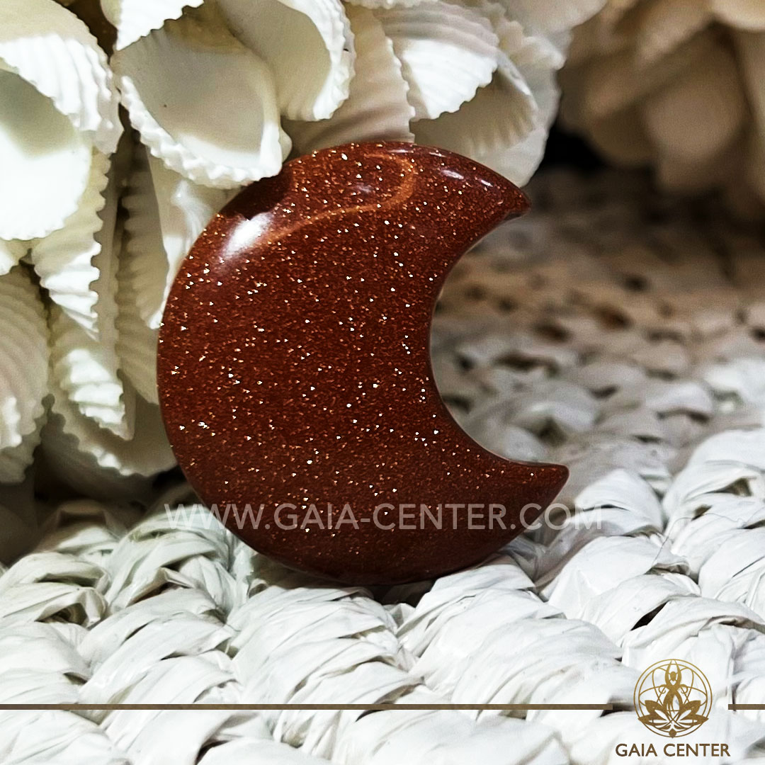 Crystal Moon Shape - Yellow Goldstone. Crystals and Gemstone selection at Gaia Center Crystal Shop Cyprus. Shop online at https://gaia-center.com. Cyprus island delivery: Limassol, Nicosia, Paphos, Larnaca. Europe and Worldwide shipping.