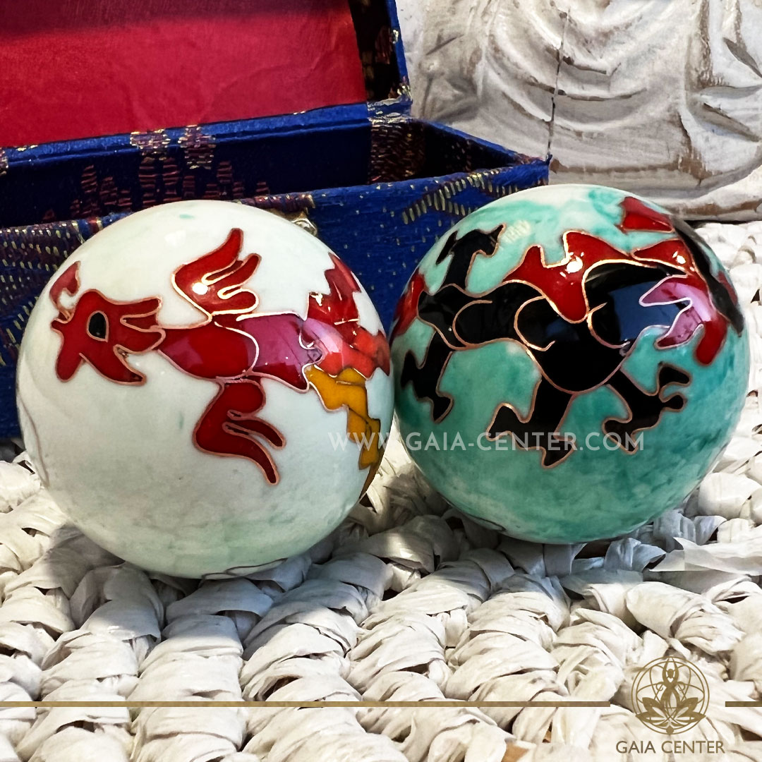 Pair of Stress or Health Balls - Dragon and Phoenix metal design. These health balls have been used in Chinese medicine, in order to support the flexibility and blood circulation in hands and fingers. Wellbeing and feng shui products selection at Gaia Center Crystals & Incense shop in Cyprus. Order online, Cyprus islandwide delivery: Limassol, Paphos, Larnaca, Nicosia. Europe and worldwide shipping.