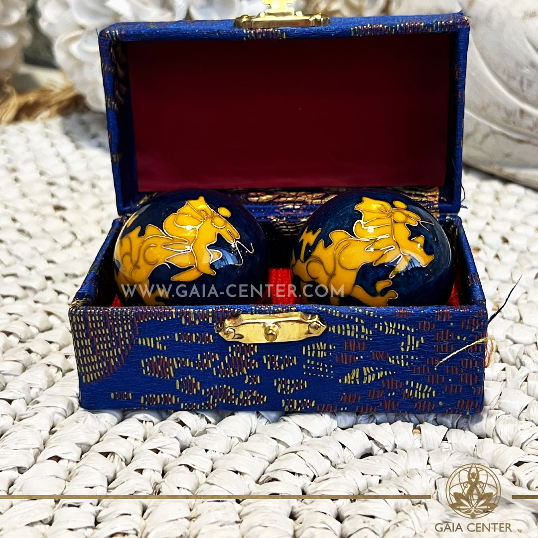 Pair of Stress or Health Balls - Dragon and Phoenix dark blue metal color design. These health balls have been used in Chinese medicine, in order to support the flexibility and blood circulation in hands and fingers. Wellbeing and feng shui products selection at Gaia Center | Crystals & Incense shop in Cyprus. Order online, Cyprus islandwide delivery: Limassol, Paphos, Larnaca, Nicosia. Europe and worldwide shipping.