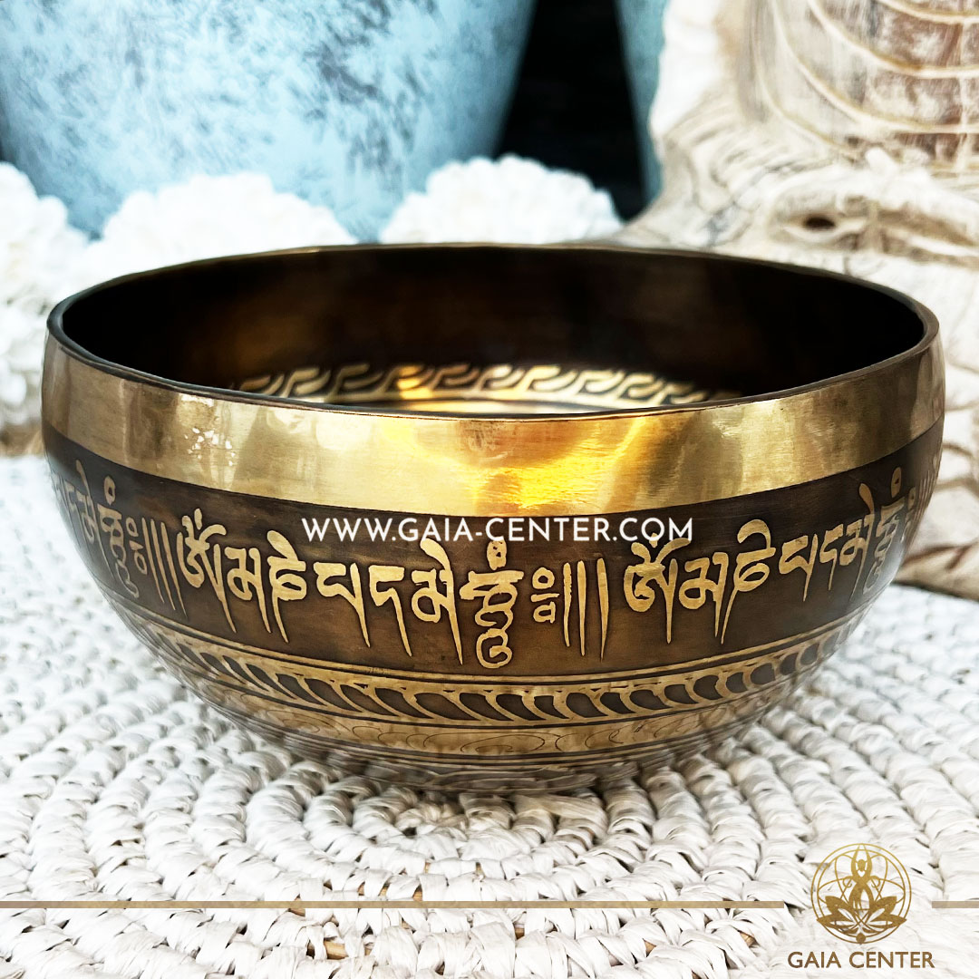 Tibetan Sining Bowl metal with engraved design auspicious buddhist symbols, Om symbol and prayers /mantras for Sound Healing Therapy at GAIA CENTER Crystals and Incense Shop in CYPRUS. Original top quality from Nepal. Cyprus delivery: Limassol, Paphos, Nicosia, Larnaca, Paralimni, Strovolos. Including provinces and small suburbs. Europe and International Worldwide shipping. Wholesale and Retail. Shop online for Singing Bowls: https://gaia-center.com