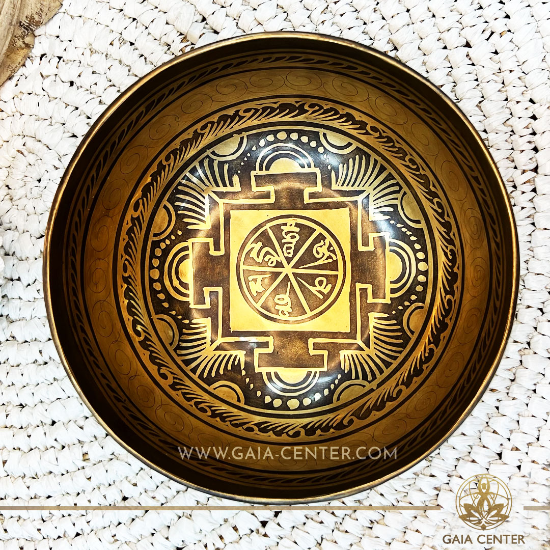 Tibetan Sining Bowl metal with engraved design auspicious buddhist symbols, Om symbol and prayers /mantras for Sound Healing Therapy at GAIA CENTER | CYPRUS. Original top quality from Nepal. Cyprus delivery: Limassol, Paphos, Nicosia, Larnaca, Paralimni, Strovolos. Including provinces and small suburbs. Europe and International Worldwide shipping. Wholesale and Retail. Shop online for Singing Bowls: https://gaia-center.com
