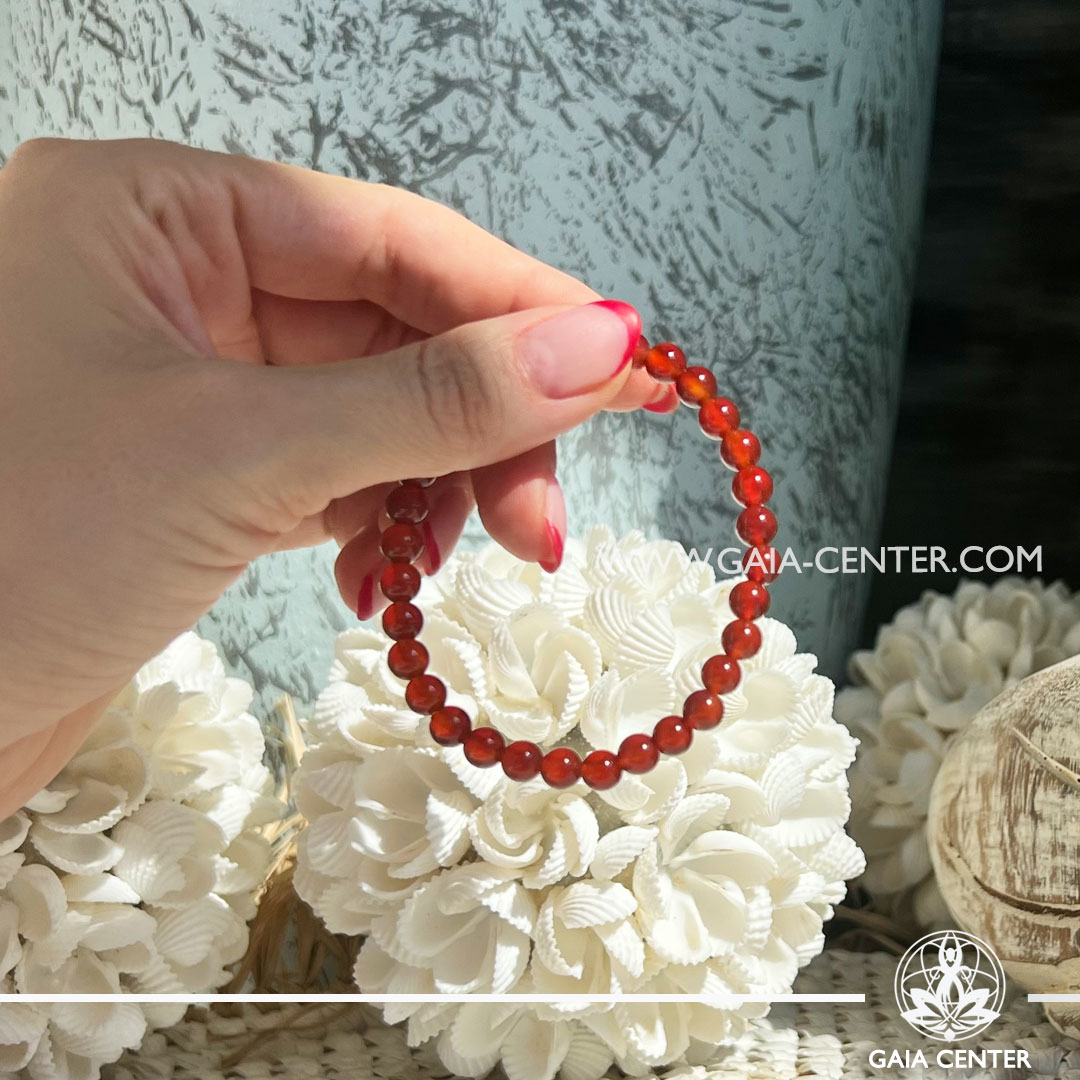 Crystal Bracelet Carnelian with Elastic string- made with 6mm gemstone beads. Crystal and Gemstone Jewellery Selection at Gaia Center Crystal Shop in Cyprus. Order crystals online, Cyprus islandwide delivery: Limassol, Larnaca, Paphos, Nicosia. Europe and Worldwide shipping.