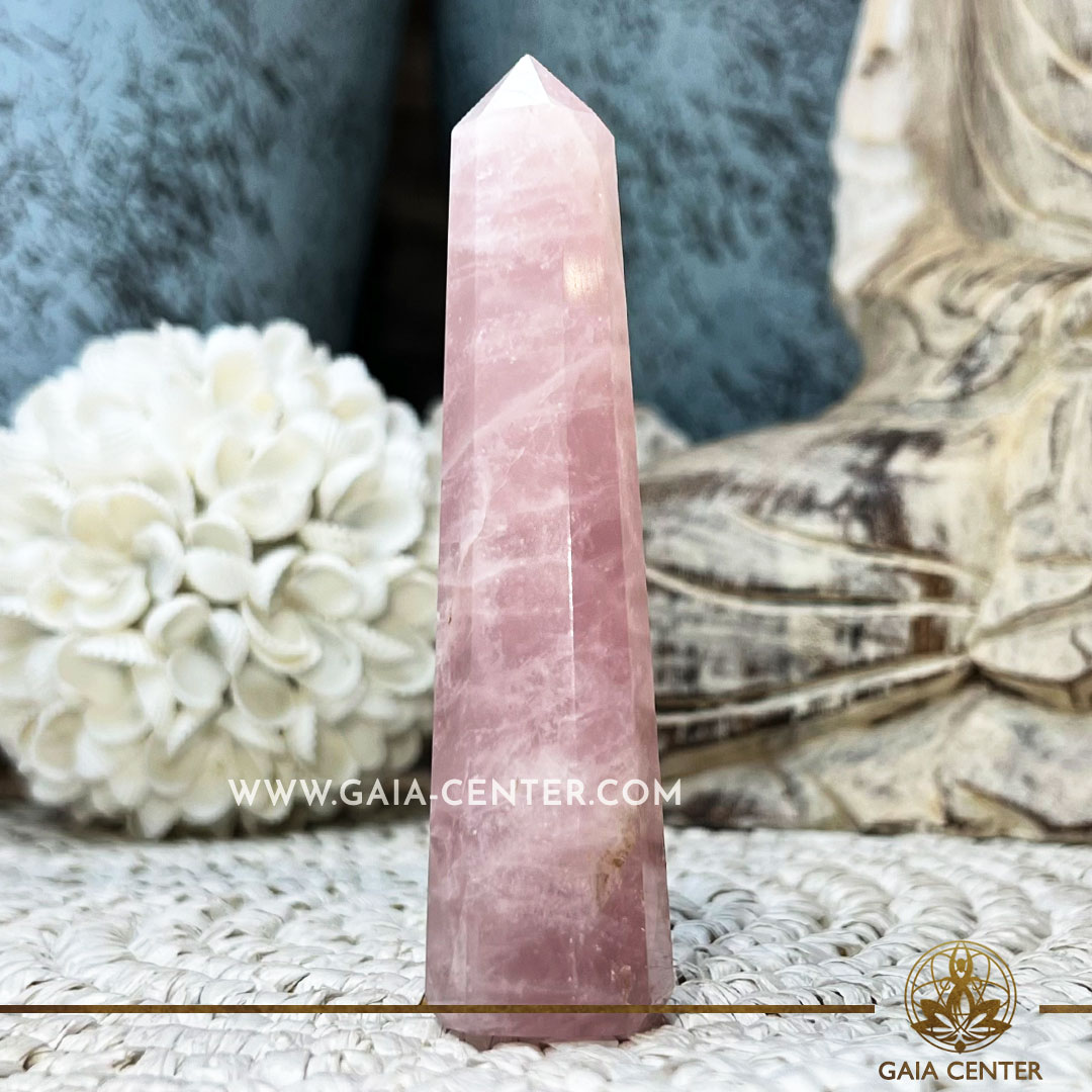 Crystal Obelisk polished point tower Rose Quartz. Crystal points, towers and obelisks selection at Gaia Center in Cyprus. Order online, Cyprus islandwide delivery: Limassol, Larnaca, Paphos, Nicosia. Europe and Worldwide shipping.