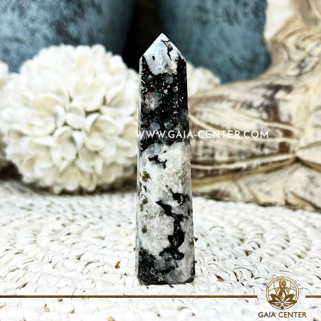 Rainbow Moonstone Crystal Tower. Crystal points, towers and obelisks selection at Gaia Center in Cyprus. Order online, Cyprus islandwide delivery: Limassol, Larnaca, Paphos, Nicosia. Europe and Worldwide shipping.