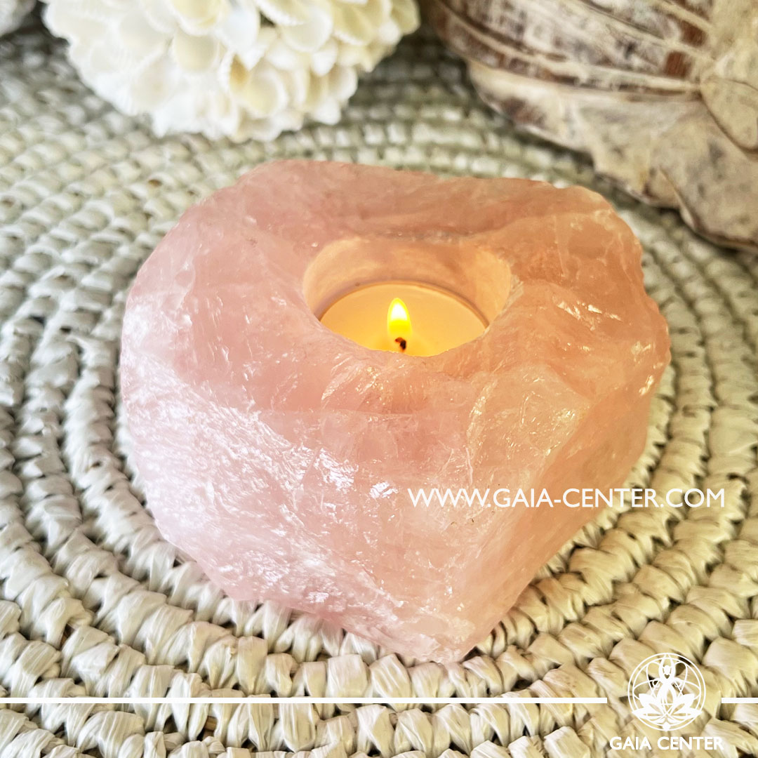 Crystal Candle Holder - Rose Quartz T-Light. Crystal and Gemstone selection at Gaia Center Crystal Shop in Cyprus. Shop online at https://gaia-center.com. Cyprus island delivery: Limassol, Nicosia, Paphos, Larnaca. Europe and Worldwide shipping.