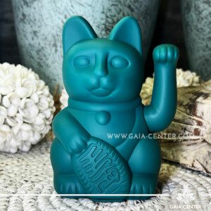 Feng Shui Japanese Waving Lucky Money Cat - Green Mat color 15cm with moving beckoning paw at Gaia Center Crystal Shop in Cyprus. Shop online, islandwide delivery: Limassol, Nicosia, Larnaca, Paphos.