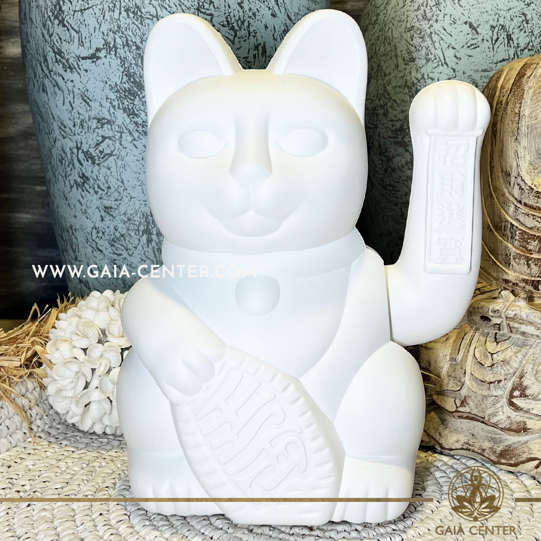 Feng Shui Japanese Waving Lucky Money Cat Large - White Mat color 30cm with moving beckoning paw. Japanese Lucky Cat Maneki-Neko at Gaia Center Crystal Shop in Cyprus. Shop online, islandwide delivery: Limassol, Nicosia, Larnaca, Paphos.