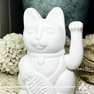 Feng Shui Japanese Waving Lucky Money Cat - White Mat color 15cm with moving beckoning paw. Japanese Lucky Cat Maneki-Neko at Gaia Center Crystal Shop in Cyprus. Shop online, islandwide delivery: Limassol, Nicosia, Larnaca, Paphos.