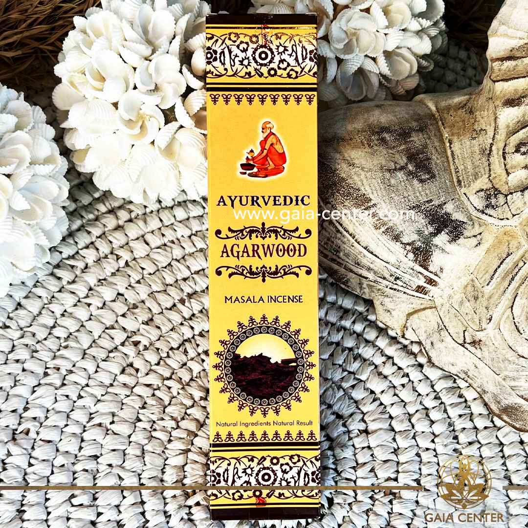 Incense Aroma Sticks Ayurvedic Masala Agarwood. Natural Ayurvedic Masala Incense, with a unique blend of herbs, flowers, honey, resins & oils. 15g incense sticks in a pack. Order incense sticks, cones, aroma incense holders and burners online at Gaia Center | Aroma Incense Crystal Shop in Cyprus. Cyprus islandwide delivery: Limassol, Nicosia, Larnaca, Paphos. Europe & Worldwide delivery.