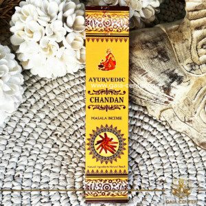 Incense Aroma Sticks Ayurvedic Masala Chandan. Natural Ayurvedic Masala Incense, with a unique blend of herbs, flowers, honey, resins & oils. 15g incense sticks in a pack. Order incense sticks, cones, aroma incense holders and burners online at Gaia Center | Aroma Incense Crystal Shop in Cyprus. Cyprus islandwide delivery: Limassol, Nicosia, Larnaca, Paphos. Europe & Worldwide delivery.